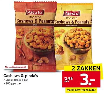 Aanbiedingen Cashews + pinda`s - Alesto - Geldig van 30/11/2015 tot 06/12/2015 bij Lidl
