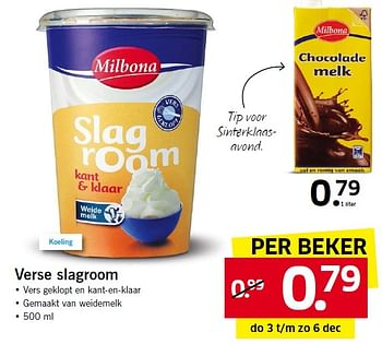 Aanbiedingen Verse slagroom - Milbona - Geldig van 30/11/2015 tot 06/12/2015 bij Lidl
