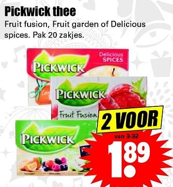 Aanbiedingen Pickwick thee fruit fusion, fruit garden of delicious spices - Pickwick - Geldig van 13/12/2015 tot 19/12/2015 bij Lekker Doen
