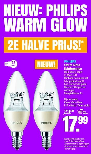 Aanbiedingen Philips warm glow lichtbronnen bulb, kaars, kogel of spot. led - Philips - Geldig van 07/12/2015 tot 20/12/2015 bij Formido