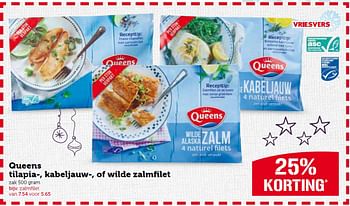 Aanbiedingen Queens tilapia, kabeljauw, of wilde zalmfilet - Queens - Geldig van 14/12/2015 tot 20/12/2015 bij Coop