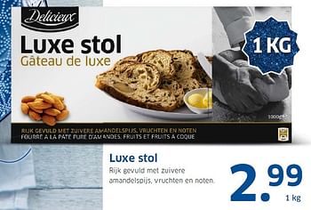 Aanbiedingen Luxe stol rijk gevuld met zuivere amandelspijs - Delicieux - Geldig van 14/12/2015 tot 20/12/2015 bij Lidl