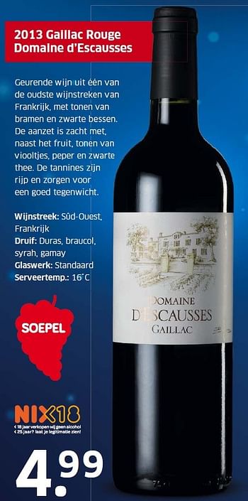 Aanbiedingen 2013 gaillac rouge domaine d`escausses - Rode wijnen - Geldig van 14/12/2015 tot 20/12/2015 bij Lidl