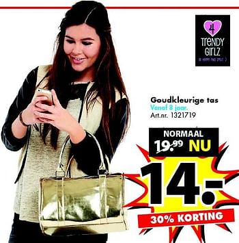 Aanbiedingen Goudkleurige tas - 4 Trendy Girlz - Geldig van 26/12/2015 tot 10/01/2016 bij Bart Smit