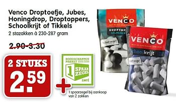 Aanbiedingen Venco droptoefje, jubes, honingdrop, droptoppers, schoolkrijt of tikkels - Venco - Geldig van 03/01/2016 tot 09/01/2016 bij Em-té