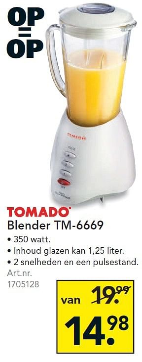 Aanbiedingen Tomado blender tm-6669 - Tomado - Geldig van 04/01/2016 tot 13/01/2016 bij Blokker