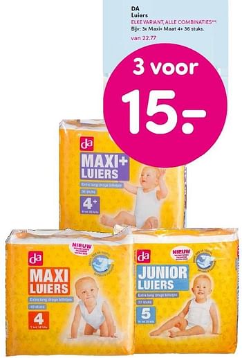Aanbiedingen Da luiers 3x maxi+ maat - Huismerk - da - Geldig van 18/01/2016 tot 26/01/2016 bij da