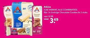 Aanbiedingen Atkins 2x endulge chocolate cookies - Atkins - Geldig van 18/01/2016 tot 26/01/2016 bij da