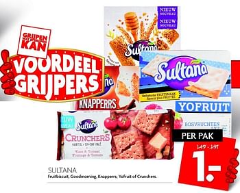 Aanbiedingen Sultana fruitbiscuit, goodmorning, knapperrs, yofruit of crunchers - Sultana - Geldig van 24/01/2016 tot 30/01/2016 bij Deka Markt