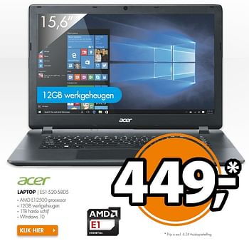 Aanbiedingen Acer laptop es1-520-58d5 - Acer - Geldig van 01/02/2016 tot 07/02/2016 bij Expert
