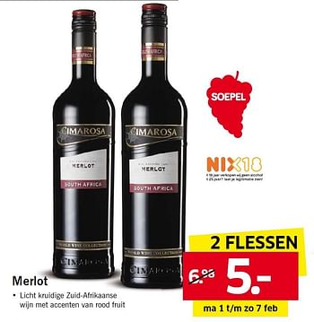 Aanbiedingen Merlot - Rode wijnen - Geldig van 01/02/2016 tot 07/02/2016 bij Lidl
