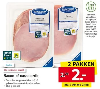 Aanbiedingen Bacon of casselerrib - Zwagerman - Geldig van 01/02/2016 tot 07/02/2016 bij Lidl