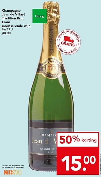 Aanbiedingen Champagne jean de villaré tradition brut frans mousserende wijn - Champagne - Geldig van 07/02/2016 tot 13/02/2016 bij Deen Supermarkten