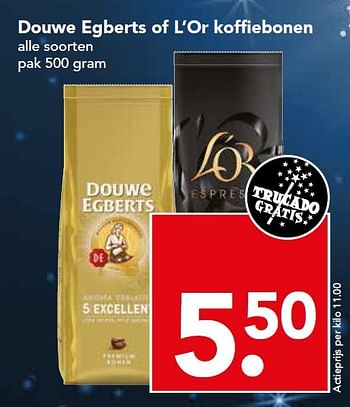 Aanbiedingen Douwe egberts of l`or koffiebonen - Douwe Egberts - Geldig van 07/02/2016 tot 13/02/2016 bij Deen Supermarkten