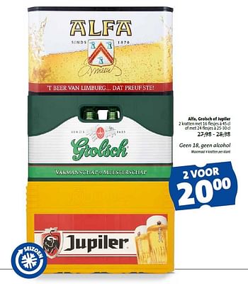 Aanbiedingen Alfa, grolsch of jupiler - Huismerk - Jumbo Supermarkten - Geldig van 03/02/2016 tot 29/03/2016 bij Jumbo Supermarkten