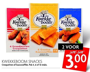 Aanbiedingen Kwekkeboom snacks croquetten of kaassoufflés - KWEKKEBOOM - Geldig van 13/03/2016 tot 19/03/2016 bij Deka Markt