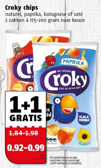 Aanbiedingen Croky chips naturel, paprika, bolognese of saté - Croky - Geldig van 14/03/2016 tot 20/03/2016 bij Poiesz