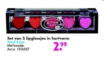 Aanbiedingen Set van 5 lipglossjes in hartvorm - 4 Trendy Girlz - Geldig van 12/03/2016 tot 27/03/2016 bij Bart Smit