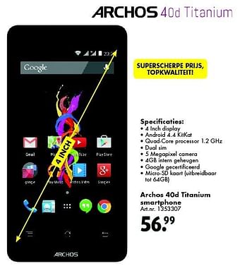 Aanbiedingen Archos 40d titanium smartphone - Archos - Geldig van 12/03/2016 tot 27/03/2016 bij Bart Smit
