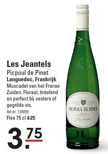 Aanbiedingen Les jeantels picpoul de pinet languedoc, frankrijk - Witte wijnen - Geldig van 10/03/2016 tot 28/03/2016 bij Sligro