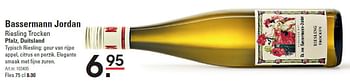 Aanbiedingen Bassermann jordan riesling trocken pfalz, duitsland - Witte wijnen - Geldig van 10/03/2016 tot 28/03/2016 bij Sligro