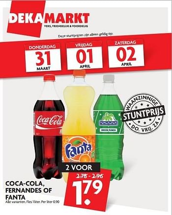 Aanbiedingen Coca-cola, fernandes of fanta - Huismerk - Deka Markt - Geldig van 27/03/2016 tot 02/04/2016 bij Deka Markt