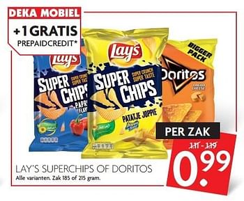 Aanbiedingen Lay`s superchips of doritos - Doritos - Geldig van 27/03/2016 tot 02/04/2016 bij Deka Markt