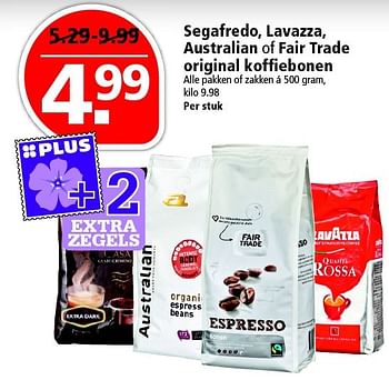 Aanbiedingen Segafredo, lavazza, australian of fair trade original koffi ebonen - Huismerk - Plus - Geldig van 27/03/2016 tot 02/04/2016 bij Plus