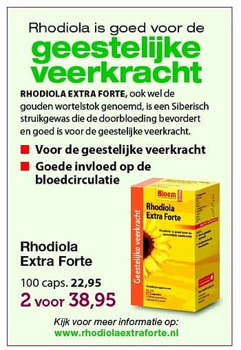 Aanbiedingen Rhodiola extra forte - Bloem - Geldig van 19/02/2016 tot 24/04/2016 bij De Rode Pilaren