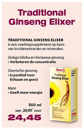 Aanbiedingen Traditional ginseng elixer - Bloem - Geldig van 19/02/2016 tot 24/04/2016 bij De Rode Pilaren