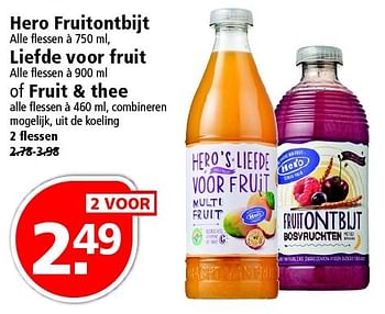 Aanbiedingen Hero fruitontbijt liefde voor fruit of fruit + thee - Hero - Geldig van 24/04/2016 tot 30/04/2016 bij Plus