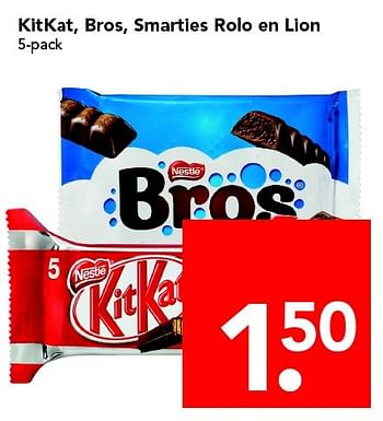 Aanbiedingen Kitkat bros smarties rolo en lion - Nestlé - Geldig van 24/04/2016 tot 30/04/2016 bij Deen Supermarkten