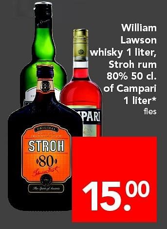 Aanbiedingen William lawson whisky stroh rum 80% of campari - Stroh - Geldig van 24/04/2016 tot 30/04/2016 bij Deen Supermarkten