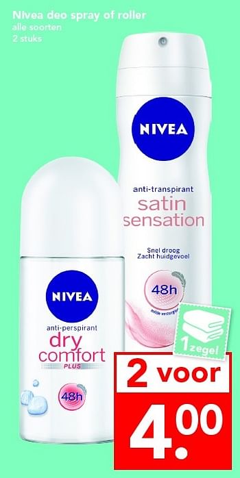 Aanbiedingen Nivea deo spray of roller - Nivea - Geldig van 24/04/2016 tot 30/04/2016 bij Deen Supermarkten