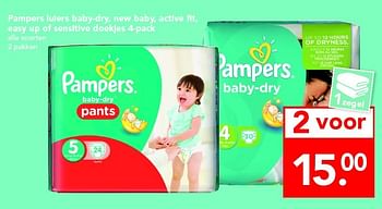 Aanbiedingen Pampers luiers baby dry new baby active fit easy up of sensitive doekjes - Pampers - Geldig van 24/04/2016 tot 30/04/2016 bij Deen Supermarkten