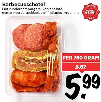 Aanbiedingen Barbecueschotel met runderhamburgers, varkenssaté - Huismerk Vomar - Geldig van 25/04/2016 tot 01/05/2016 bij Vomar