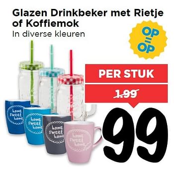 Aanbiedingen Glazen drinkbeker met rietje of koffiemok - Huismerk Vomar - Geldig van 25/04/2016 tot 01/05/2016 bij Vomar