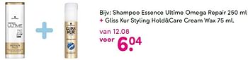 Aanbiedingen Shampoo essence ultîme omega repair + gliss kur styling hold+care cream wax - Schwartzkopf - Geldig van 18/04/2016 tot 01/05/2016 bij da