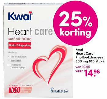 Aanbiedingen Kwai heart care 25% knoflookdragees - Kwai - Geldig van 18/04/2016 tot 01/05/2016 bij da