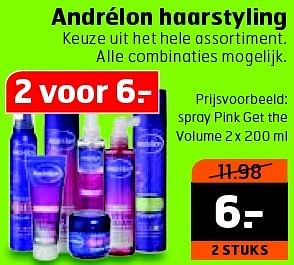 Aanbiedingen Andrélon spray pink get the volume - Andrelon - Geldig van 19/04/2016 tot 01/05/2016 bij Trekpleister