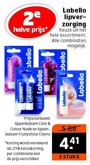 Aanbiedingen Labello lippenbalsem care + colour nude en lippenbalsem fruityshine cherry - Labello - Geldig van 19/04/2016 tot 01/05/2016 bij Trekpleister