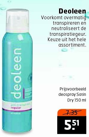 Aanbiedingen Deoleen deospray satin dry - Deoleen - Geldig van 19/04/2016 tot 01/05/2016 bij Trekpleister