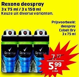 Aanbiedingen Rexona deospray cobalt dry - Rexona - Geldig van 19/04/2016 tot 01/05/2016 bij Trekpleister