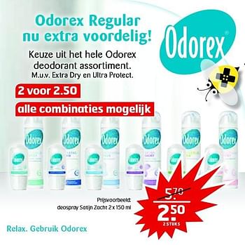 Aanbiedingen Odorex deospray satijn zacht - Odorex - Geldig van 19/04/2016 tot 01/05/2016 bij Trekpleister