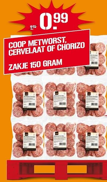 Aanbiedingen Coop metworst, cervelaat of chorizo - Huismerk - Coop - Geldig van 25/04/2016 tot 01/05/2016 bij Coop