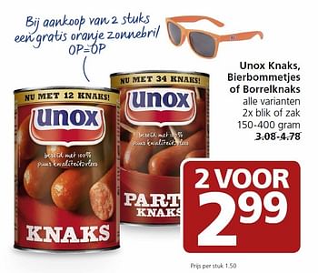 Aanbiedingen Unox knaks, bierbommetjes of borrelknaks - Unox - Geldig van 25/04/2016 tot 01/05/2016 bij Jan Linders