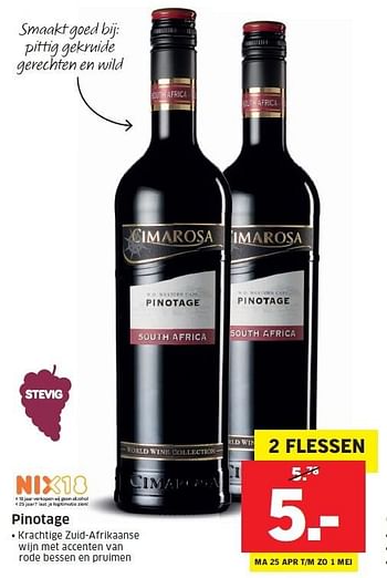 Aanbiedingen Pinotage - Rode wijnen - Geldig van 25/04/2016 tot 01/05/2016 bij Lidl