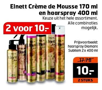 Aanbiedingen Elnett crème de mousse en haarspray - L'Oreal Paris - Geldig van 26/04/2016 tot 01/05/2016 bij Trekpleister