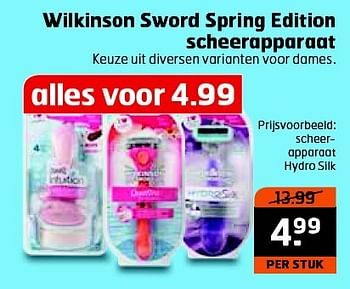 Aanbiedingen Wilkinson sword spring edition scheerapparaat - Wilkinson - Geldig van 26/04/2016 tot 01/05/2016 bij Trekpleister