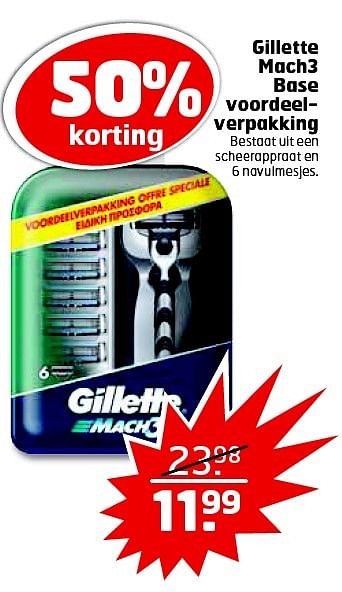 Aanbiedingen Gillette mach3 base voordeel- verpakking - Gillette - Geldig van 26/04/2016 tot 01/05/2016 bij Trekpleister